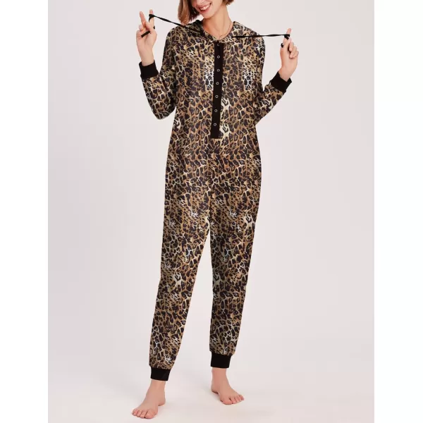 Ekouaer Christmas Matching Family Onesies Pajamas Long Sleeve Thermal One Piece Pajamas with ButtonWomen Brown Leopard