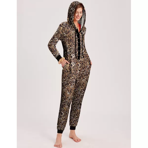 Ekouaer Christmas Matching Family Onesies Pajamas Long Sleeve Thermal One Piece Pajamas with ButtonWomen Brown Leopard