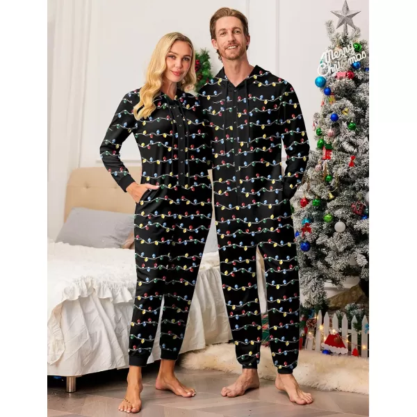 Ekouaer Christmas Matching Family Onesies Pajamas Long Sleeve Thermal One Piece Pajamas with ButtonWomen Colored Lights