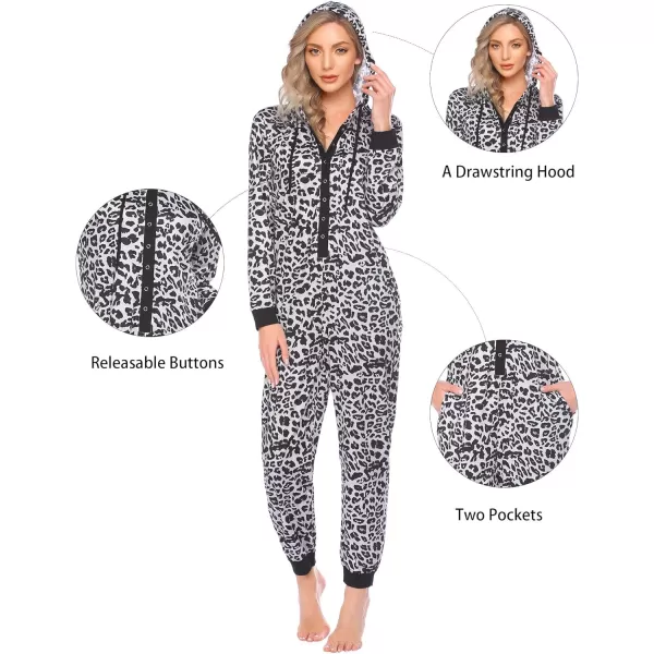 Ekouaer Christmas Matching Family Onesies Pajamas Long Sleeve Thermal One Piece Pajamas with ButtonWomen Whiteleopard Print