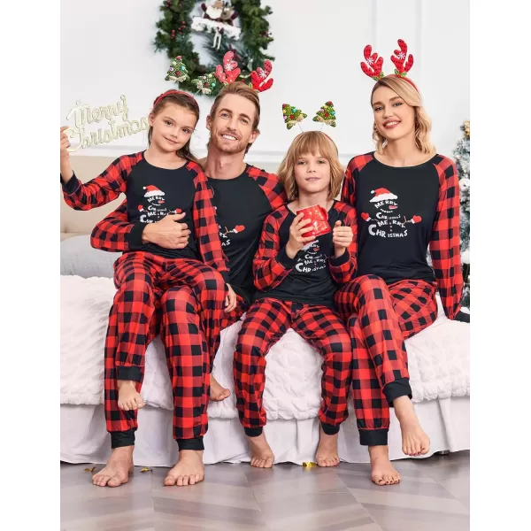 Ekouaer Christmas Pajamas for Family Long Sleeve Pjs Matching Sets with Plaid Pants Soft Sleepwear LoungewearKids Ared Black Plaid