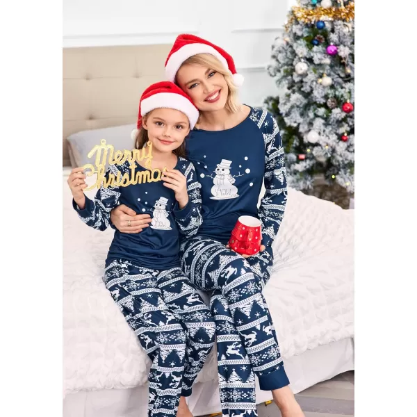 Ekouaer Christmas Pajamas for Family Long Sleeve Pjs Matching Sets with Plaid Pants Soft Sleepwear LoungewearKids Navy Blue Snowman