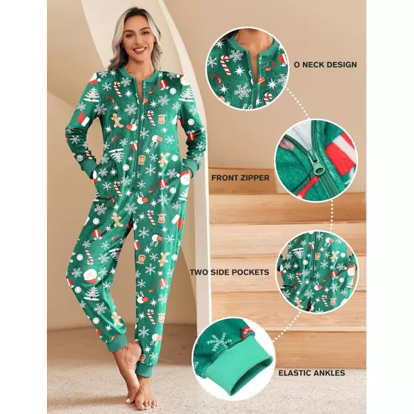 Ekouaer Christmas Women One Piece Pajamas Fleece Plaid Onesie Sleepwear Zipper Jumpsuit with PocketChristmas Green