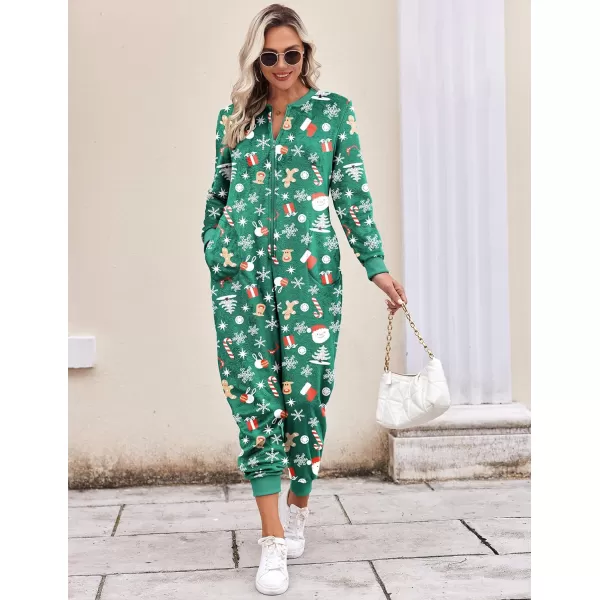 Ekouaer Christmas Women One Piece Pajamas Fleece Plaid Onesie Sleepwear Zipper Jumpsuit with PocketChristmas Green