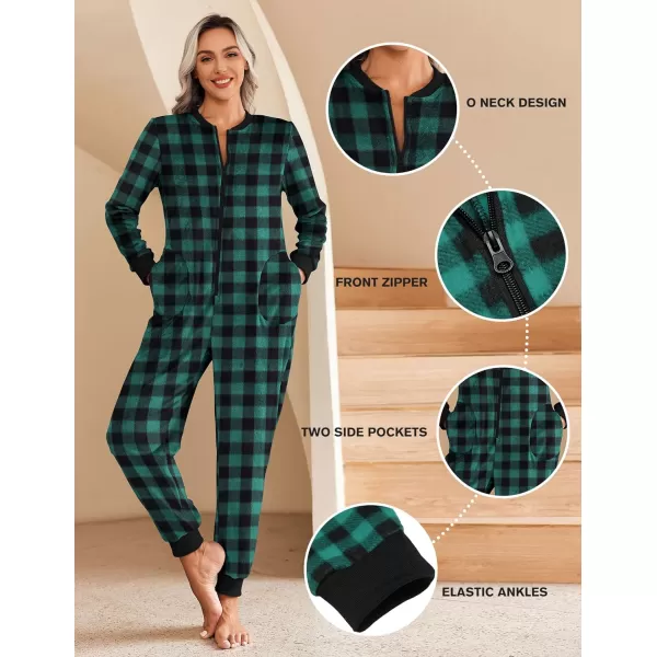 Ekouaer Christmas Women One Piece Pajamas Fleece Plaid Onesie Sleepwear Zipper Jumpsuit with PocketGreen Plaid