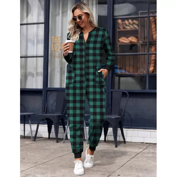 Ekouaer Christmas Women One Piece Pajamas Fleece Plaid Onesie Sleepwear Zipper Jumpsuit with PocketGreen Plaid