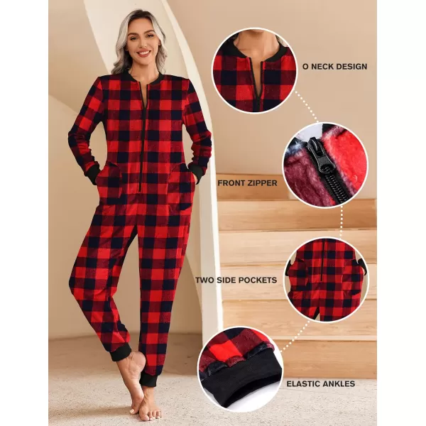 Ekouaer Christmas Women One Piece Pajamas Fleece Plaid Onesie Sleepwear Zipper Jumpsuit with PocketRed Buffalo Plaid