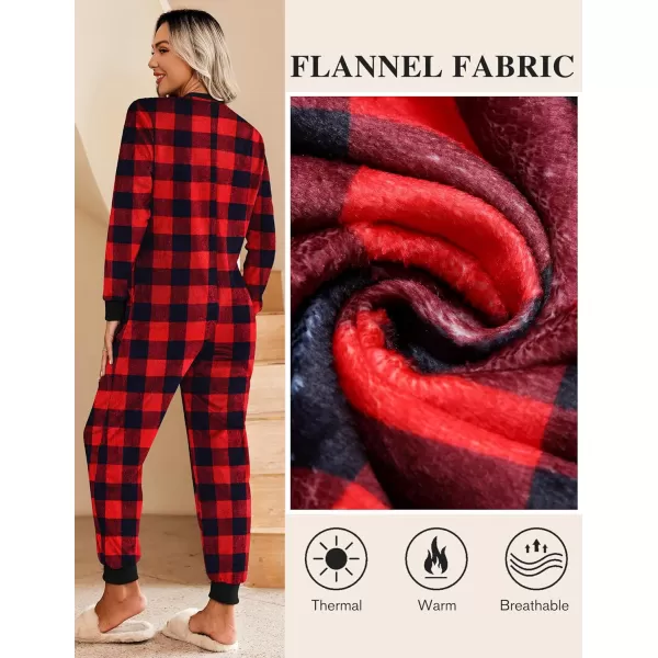 Ekouaer Christmas Women One Piece Pajamas Fleece Plaid Onesie Sleepwear Zipper Jumpsuit with PocketRed Buffalo Plaid