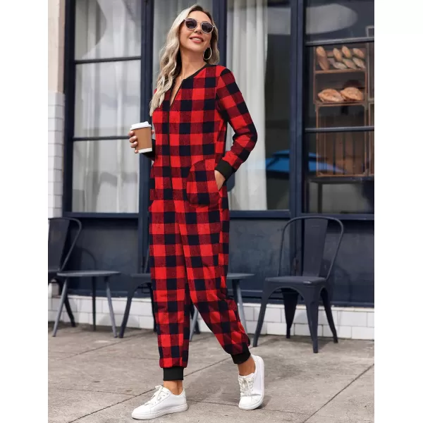 Ekouaer Christmas Women One Piece Pajamas Fleece Plaid Onesie Sleepwear Zipper Jumpsuit with PocketRed Buffalo Plaid