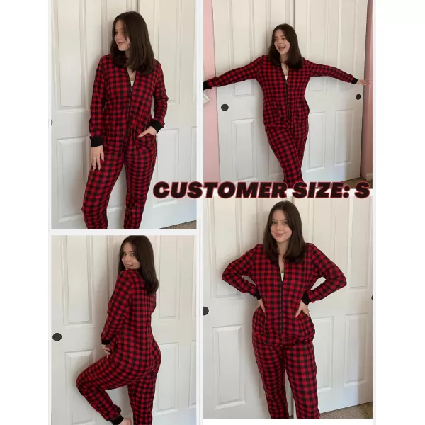 Ekouaer Christmas Women One Piece Pajamas Fleece Plaid Onesie Sleepwear Zipper Jumpsuit with PocketRed Plaid