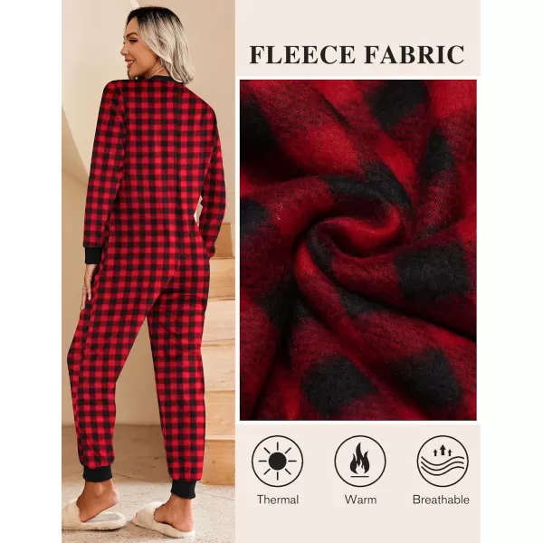 Ekouaer Christmas Women One Piece Pajamas Fleece Plaid Onesie Sleepwear Zipper Jumpsuit with PocketRed Plaid