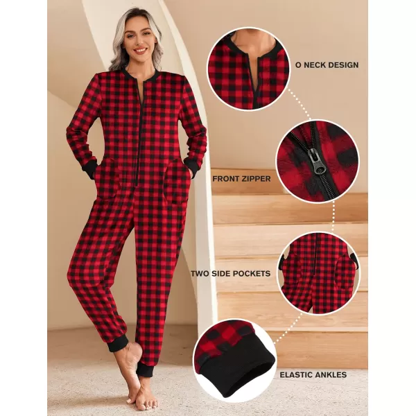Ekouaer Christmas Women One Piece Pajamas Fleece Plaid Onesie Sleepwear Zipper Jumpsuit with PocketRed Plaid