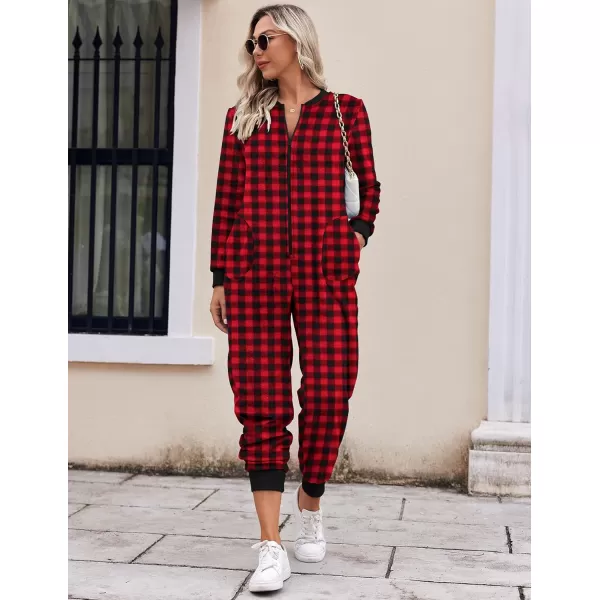 Ekouaer Christmas Women One Piece Pajamas Fleece Plaid Onesie Sleepwear Zipper Jumpsuit with PocketRed Plaid