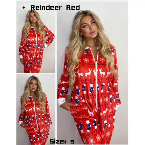 Ekouaer Christmas Women One Piece Pajamas Fleece Plaid Onesie Sleepwear Zipper Jumpsuit with PocketReindeer Red