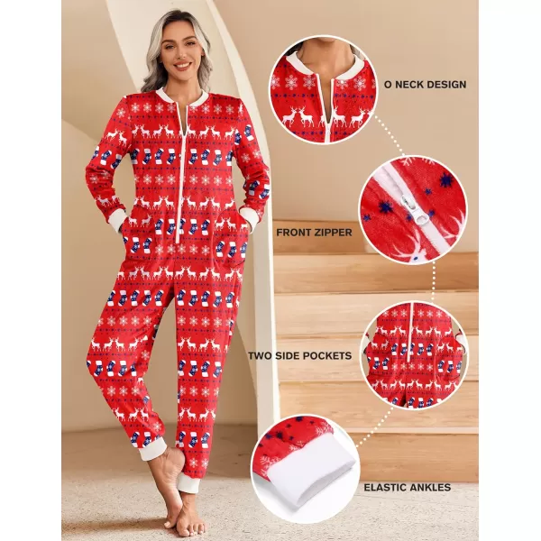 Ekouaer Christmas Women One Piece Pajamas Fleece Plaid Onesie Sleepwear Zipper Jumpsuit with PocketReindeer Red