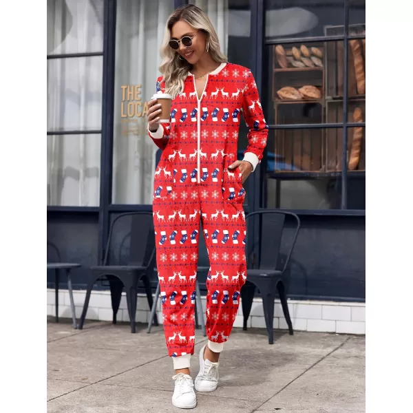 Ekouaer Christmas Women One Piece Pajamas Fleece Plaid Onesie Sleepwear Zipper Jumpsuit with PocketReindeer Red