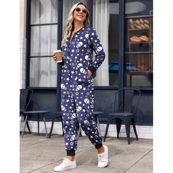 Ekouaer Christmas Women One Piece Pajamas Fleece Plaid Onesie Sleepwear Zipper Jumpsuit with PocketSkeleton Black