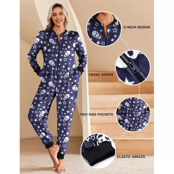 Ekouaer Christmas Women One Piece Pajamas Fleece Plaid Onesie Sleepwear Zipper Jumpsuit with PocketSkeleton Black