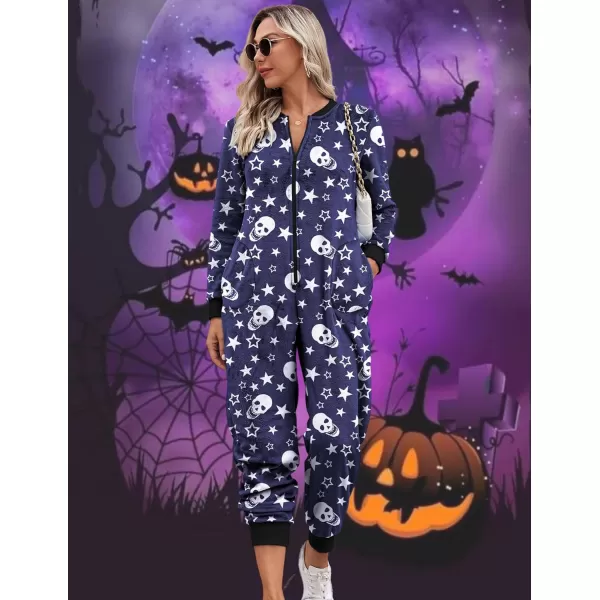 Ekouaer Christmas Women One Piece Pajamas Fleece Plaid Onesie Sleepwear Zipper Jumpsuit with PocketSkeleton Black