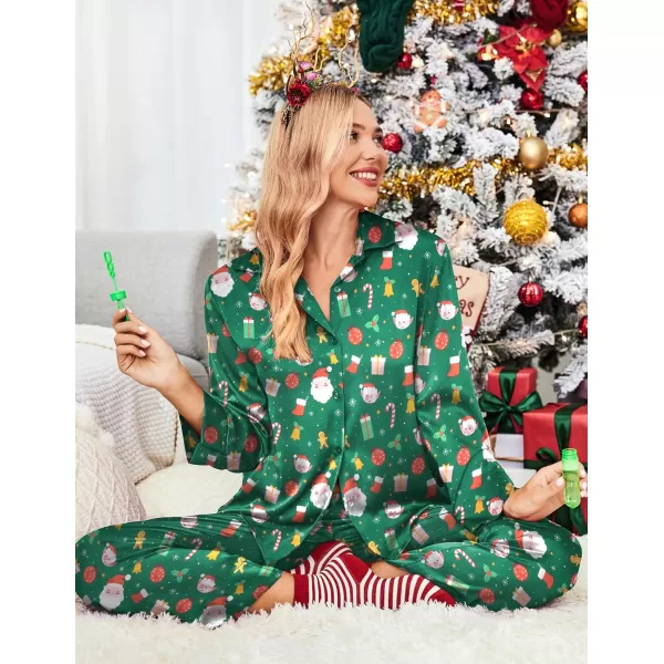 Ekouaer Classic Satin Pajamas for Women Long Sleeve Button Down Sleepwear Soft Silk Loungewear Pjs Set SXXL01christmasgreen