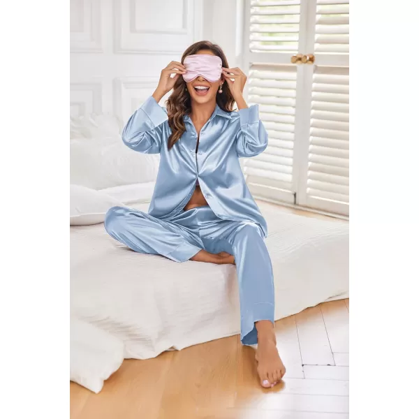 Ekouaer Classic Satin Pajamas for Women Long Sleeve Button Down Sleepwear Soft Silk Loungewear Pjs Set SXXL01clear Blue