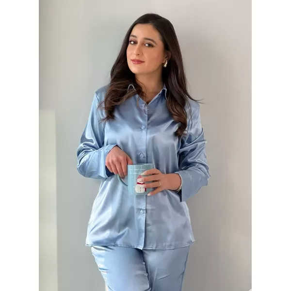 Ekouaer Classic Satin Pajamas for Women Long Sleeve Button Down Sleepwear Soft Silk Loungewear Pjs Set SXXL01clear Blue