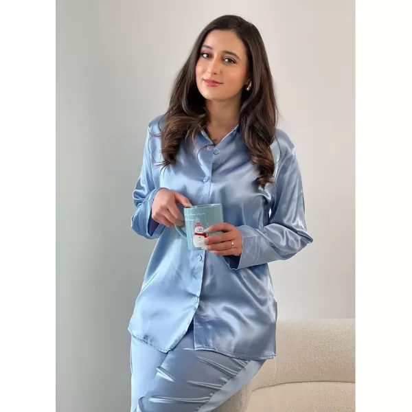 Ekouaer Classic Satin Pajamas for Women Long Sleeve Button Down Sleepwear Soft Silk Loungewear Pjs Set SXXL01clear Blue