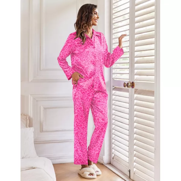 Ekouaer Classic Satin Pajamas for Women Long Sleeve Button Down Sleepwear Soft Silk Loungewear Pjs Set SXXL01hot Pink Leopard