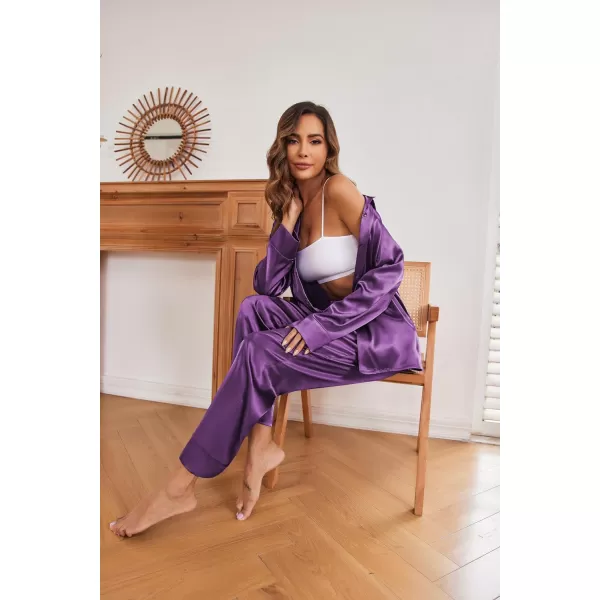 Ekouaer Classic Satin Pajamas for Women Long Sleeve Button Down Sleepwear Soft Silk Loungewear Pjs Set SXXL01purple