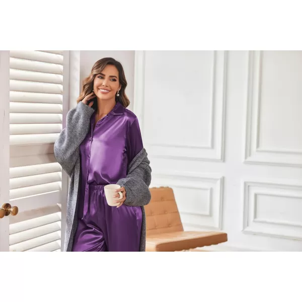 Ekouaer Classic Satin Pajamas for Women Long Sleeve Button Down Sleepwear Soft Silk Loungewear Pjs Set SXXL01purple