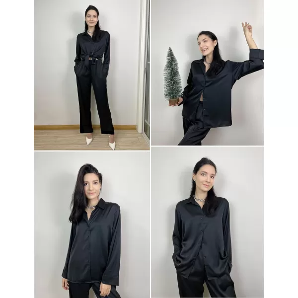 Ekouaer Classic Satin Pajamas for Women Long Sleeve Button Down Sleepwear Soft Silk Loungewear Pjs Set SXXLBlack