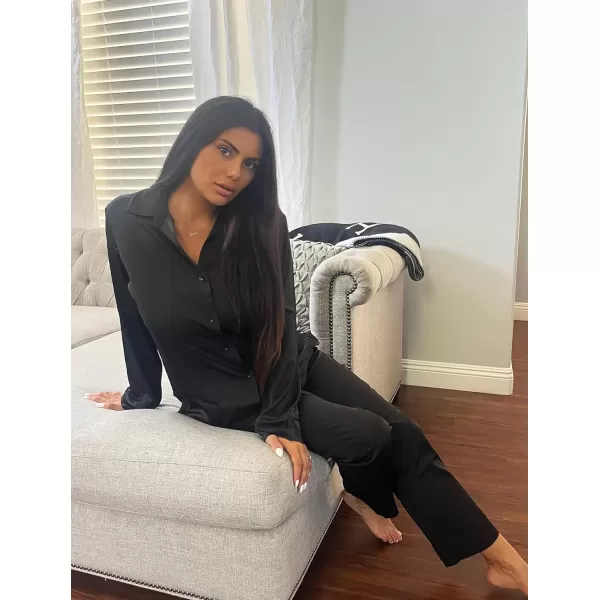 Ekouaer Classic Satin Pajamas for Women Long Sleeve Button Down Sleepwear Soft Silk Loungewear Pjs Set SXXLBlack