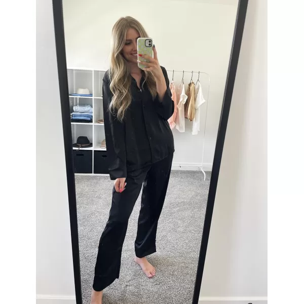Ekouaer Classic Satin Pajamas for Women Long Sleeve Button Down Sleepwear Soft Silk Loungewear Pjs Set SXXLBlack