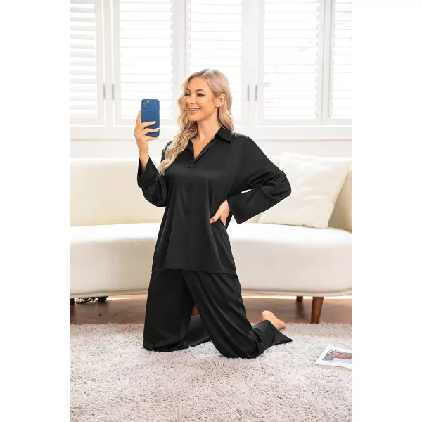 Ekouaer Classic Satin Pajamas for Women Long Sleeve Button Down Sleepwear Soft Silk Loungewear Pjs Set SXXLBlack2