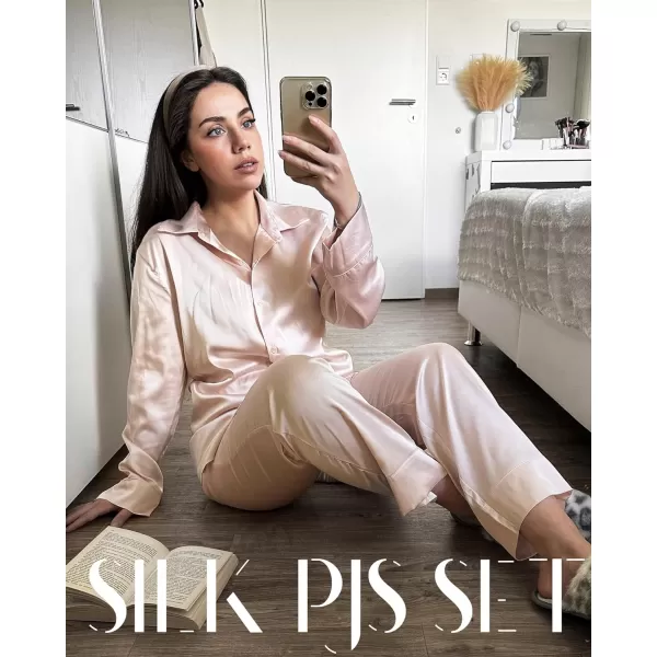 Ekouaer Classic Satin Pajamas for Women Long Sleeve Button Down Sleepwear Soft Silk Loungewear Pjs Set SXXLChampagne