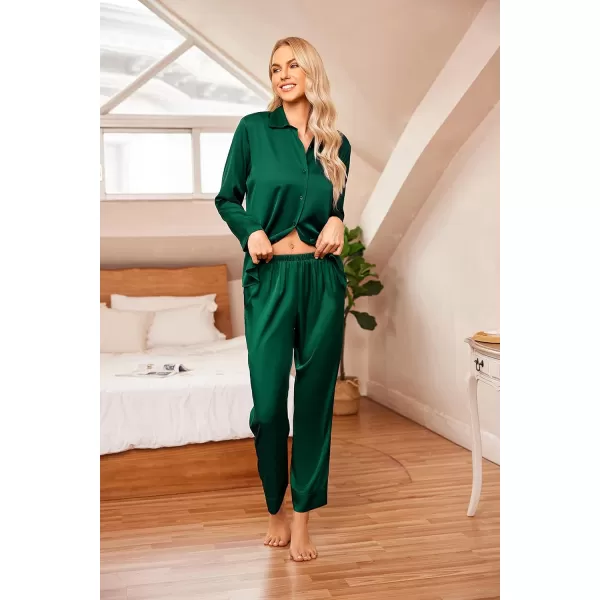 Ekouaer Classic Satin Pajamas for Women Long Sleeve Button Down Sleepwear Soft Silk Loungewear Pjs Set SXXLGreen