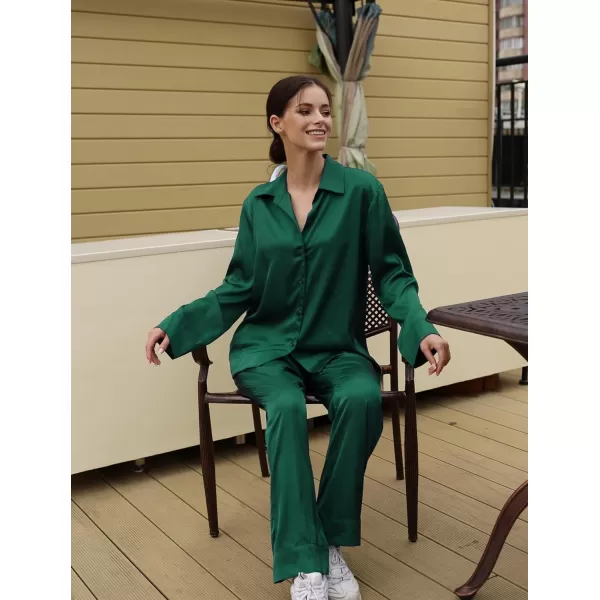 Ekouaer Classic Satin Pajamas for Women Long Sleeve Button Down Sleepwear Soft Silk Loungewear Pjs Set SXXLGreen2