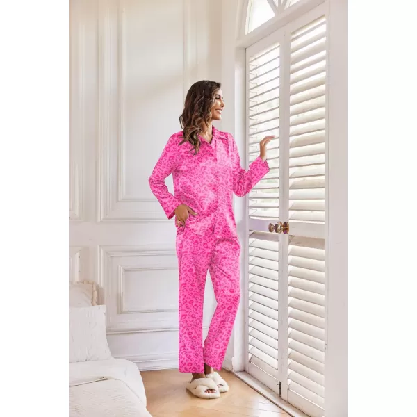 Ekouaer Classic Satin Pajamas for Women Long Sleeve Button Down Sleepwear Soft Silk Loungewear Pjs Set SXXLHot Pink Leopard