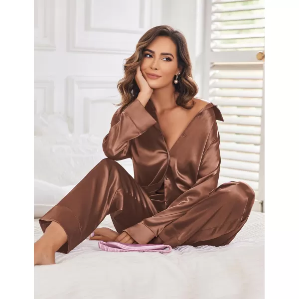 Ekouaer Classic Satin Pajamas for Women Long Sleeve Button Down Sleepwear Soft Silk Loungewear Pjs Set SXXLLight Khaki