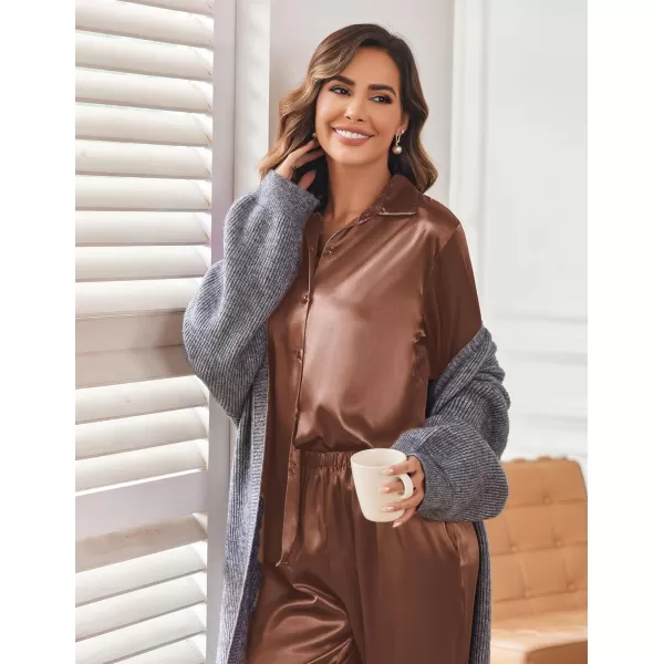 Ekouaer Classic Satin Pajamas for Women Long Sleeve Button Down Sleepwear Soft Silk Loungewear Pjs Set SXXLLight Khaki