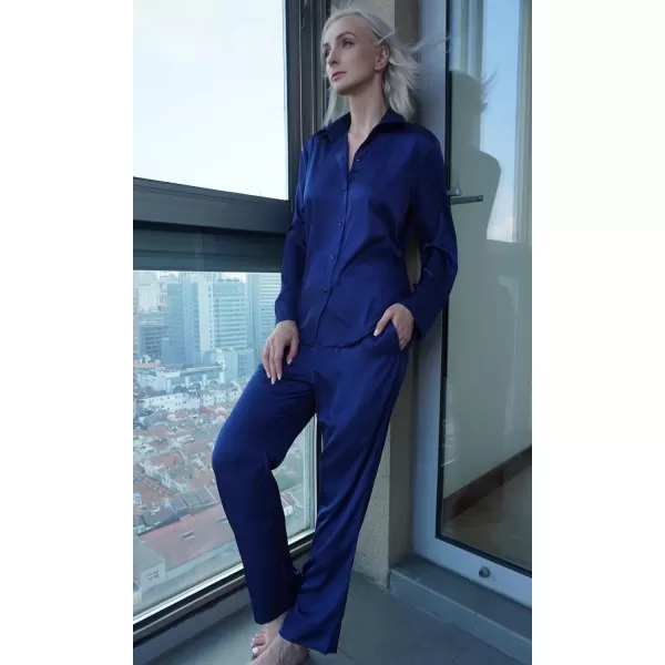 Ekouaer Classic Satin Pajamas for Women Long Sleeve Button Down Sleepwear Soft Silk Loungewear Pjs Set SXXLNavy Blue