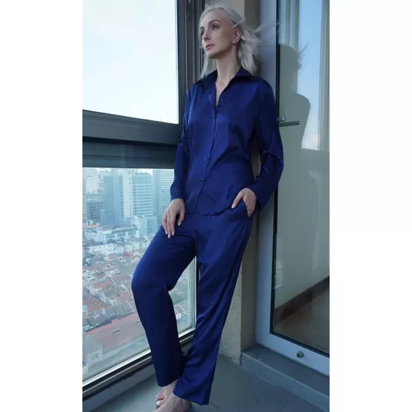 Ekouaer Classic Satin Pajamas for Women Long Sleeve Button Down Sleepwear Soft Silk Loungewear Pjs Set SXXLNavy Blue2