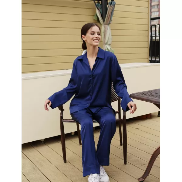 Ekouaer Classic Satin Pajamas for Women Long Sleeve Button Down Sleepwear Soft Silk Loungewear Pjs Set SXXLNavy Blue2