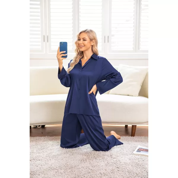 Ekouaer Classic Satin Pajamas for Women Long Sleeve Button Down Sleepwear Soft Silk Loungewear Pjs Set SXXLNavy Blue2