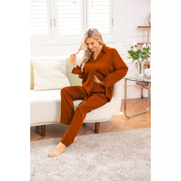 Ekouaer Classic Satin Pajamas for Women Long Sleeve Button Down Sleepwear Soft Silk Loungewear Pjs Set SXXLOrange