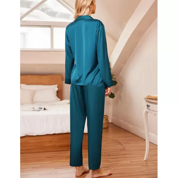 Ekouaer Classic Satin Pajamas for Women Long Sleeve Button Down Sleepwear Soft Silk Loungewear Pjs Set SXXLPeacock Blue