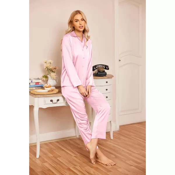 Ekouaer Classic Satin Pajamas for Women Long Sleeve Button Down Sleepwear Soft Silk Loungewear Pjs Set SXXLPink