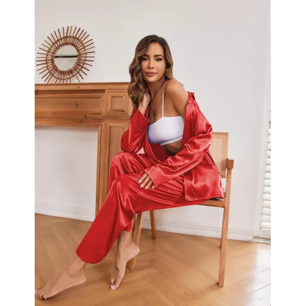 Ekouaer Classic Satin Pajamas for Women Long Sleeve Button Down Sleepwear Soft Silk Loungewear Pjs Set SXXLRed