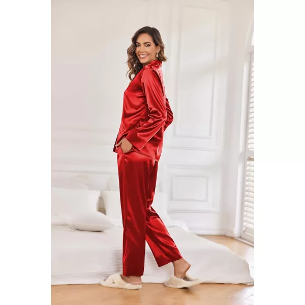 Ekouaer Classic Satin Pajamas for Women Long Sleeve Button Down Sleepwear Soft Silk Loungewear Pjs Set SXXLRed