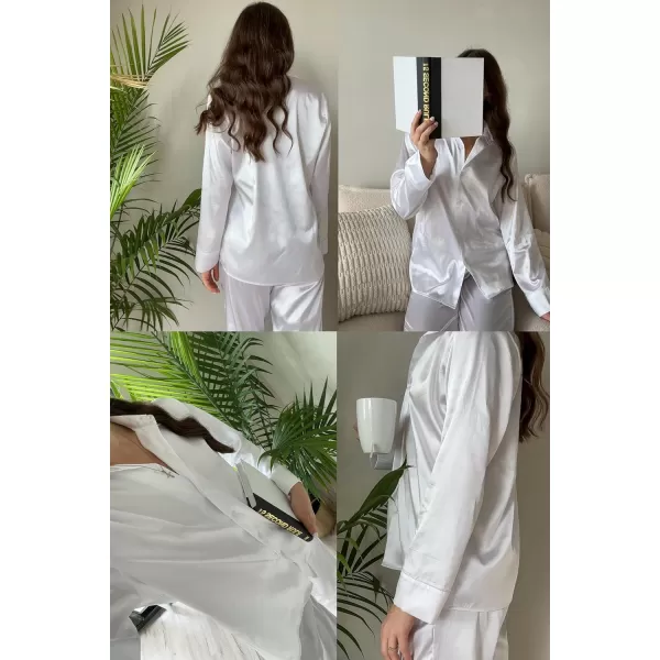 Ekouaer Classic Satin Pajamas for Women Long Sleeve Button Down Sleepwear Soft Silk Loungewear Pjs Set SXXLWhite